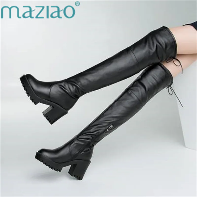 Quality Womens Boots Leather Over The Knee Platform Warm Boots Comfortable Thigh High Boots Square Toe Tall Boots MAZIAO