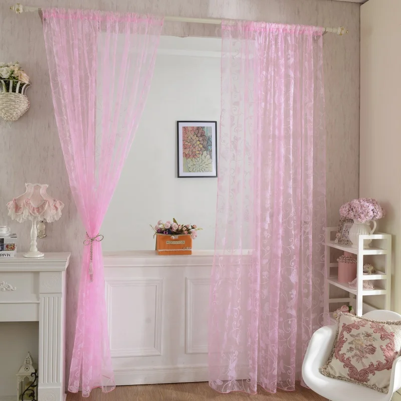 

2018 95*200 CM Romantic Pink Flocking Butterfly Gauze Curtain Screens For The Living Room