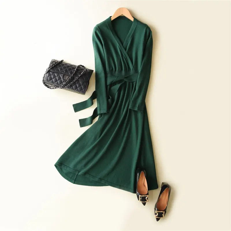 MERRILAMB весеннее новейшее Стильное женское вязаное кашемировое шерстяное платье длинное Стильное однотонное платье с v-образным вырезом - Цвет: Dark Green