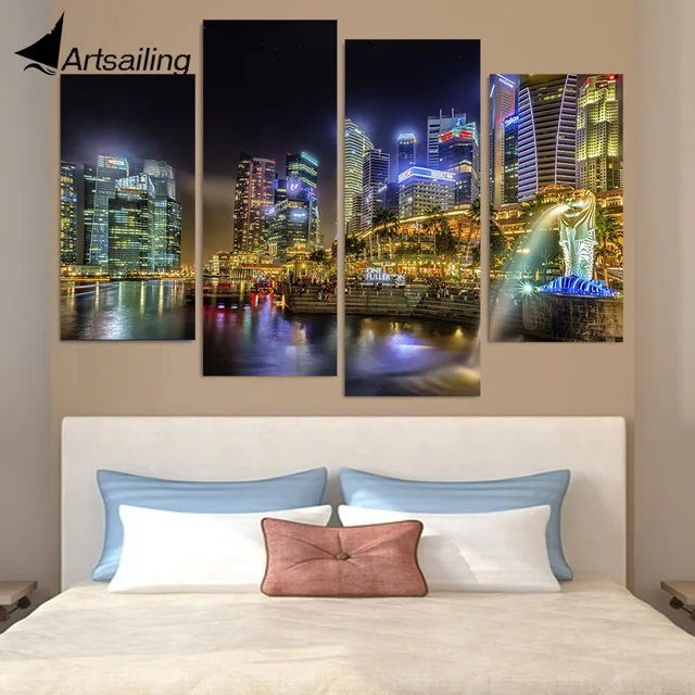Canvas Painting 4 Piece Art Singapore City Night Hd Printed Canvas Painting 4 Piece Art Singapore City Night Hd Printed Home Decor Wall Poster