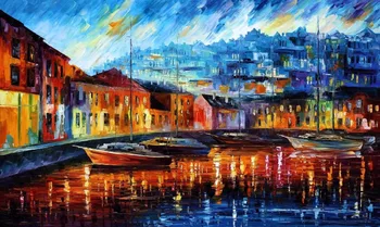 

beautiful Painting Home Decor blue harbor Colorful oil paintings Canvas Modern Fine Art High quality Hand painted