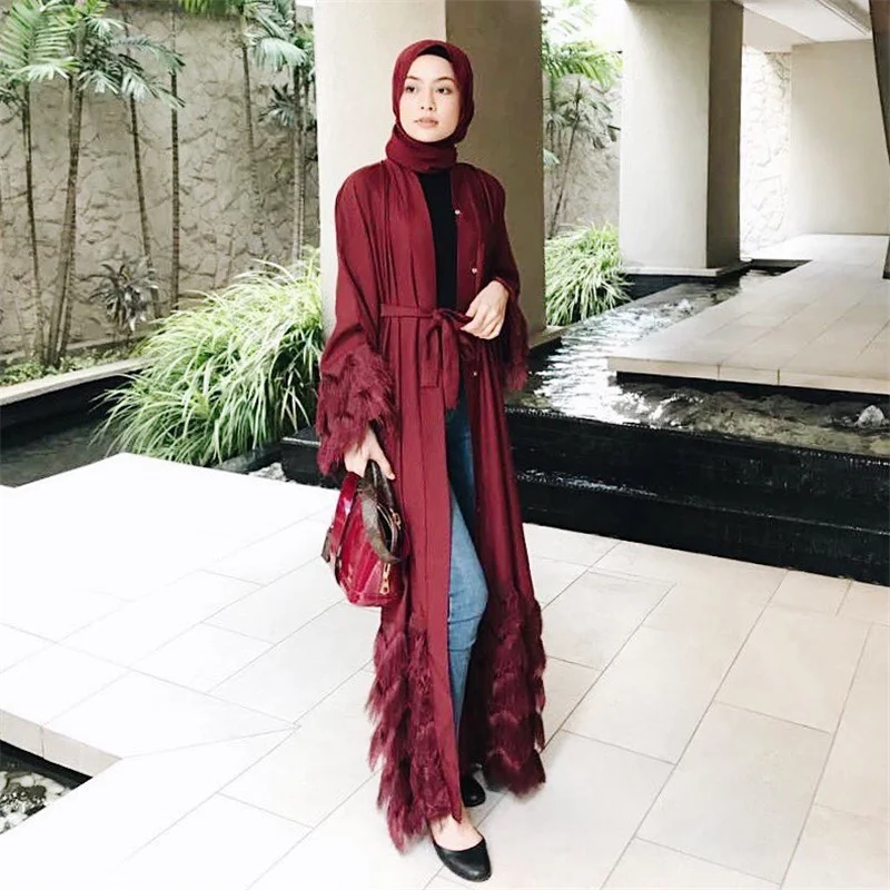 Кисточка Кафтан Дубай абаи кимоно халат мусульманский хиджаб платье Абая для женщин Кафтан Marocain Qatar Elbise турецкая исламская одежда - Цвет: Red wine