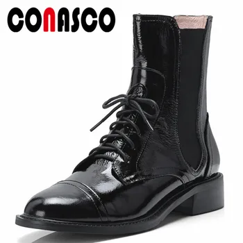 

CONASCO Punk Rock Women Ankle Boots High Heels Cow Leather Motorcycle Boots Lace Up Warm Short Martin Shoes Woman Boots