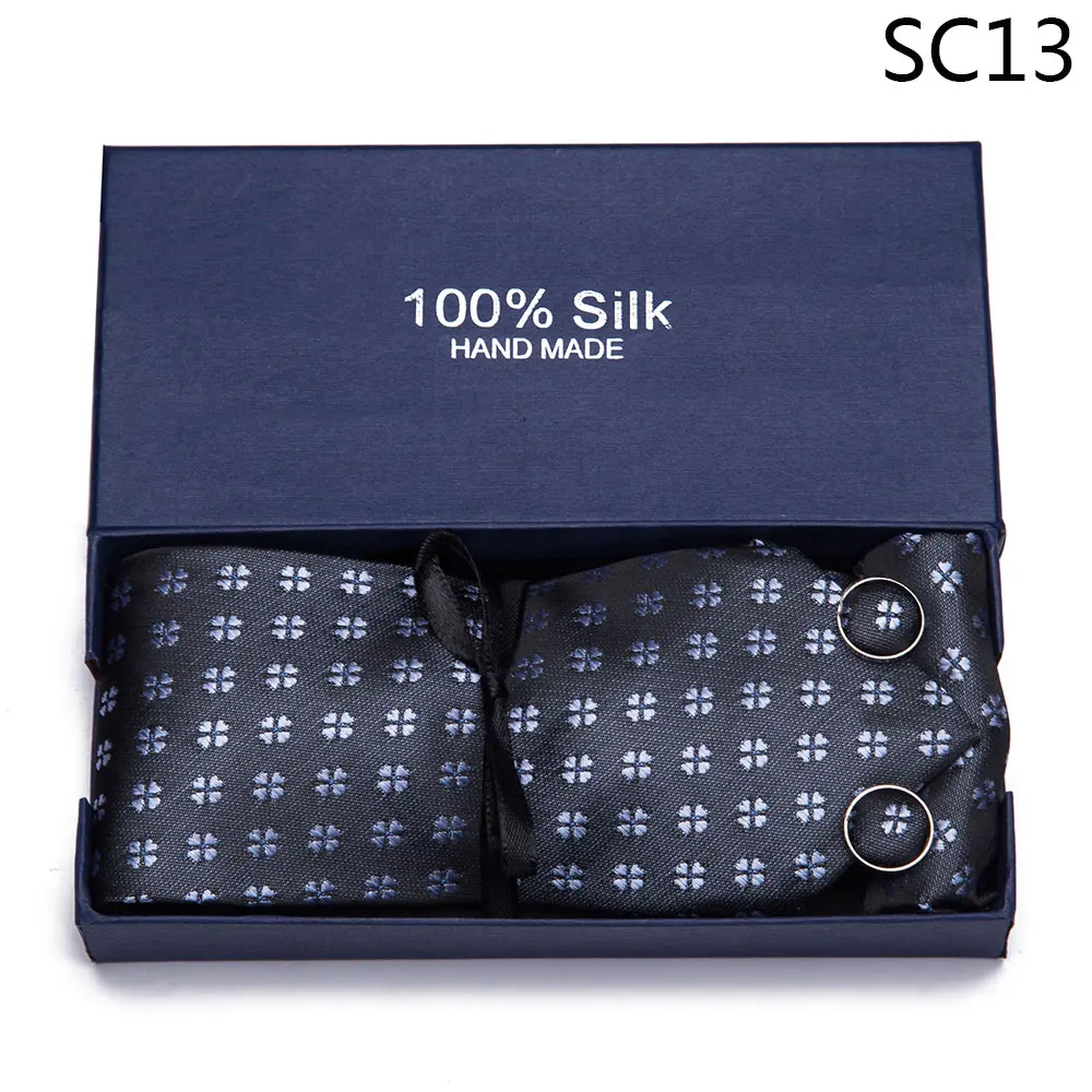 Подарочная коробка мужской галстук СИНИЙ НАБИВНОЙ жаккардовый тканый Шелковый фирменный галстук носовой платок запонки Набор для Свадебная деловая вечеринка - Цвет: SC13