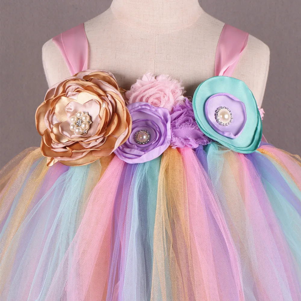Rainbow Flower Girl Tutu Dress Princess Children Girls Tulle Party Dresses Boutique Kids Girls Pageant Wedding Ball Gown Dress