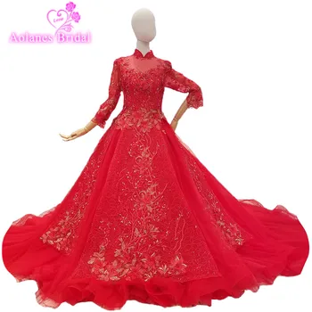 

2018 Red Tulle High Neck Chapel Train 3/4 Long Sleeves Bridal Gowns Lace Up Ball Gown Illusion Wedding Dresses Vestido De Novias