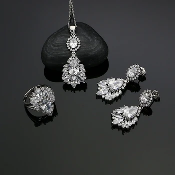 

Bridal Wedding Jewelry Sets Sterling Silver 925 Charming White Crystal Pendant Earrings Ring Necklace Gift For Women