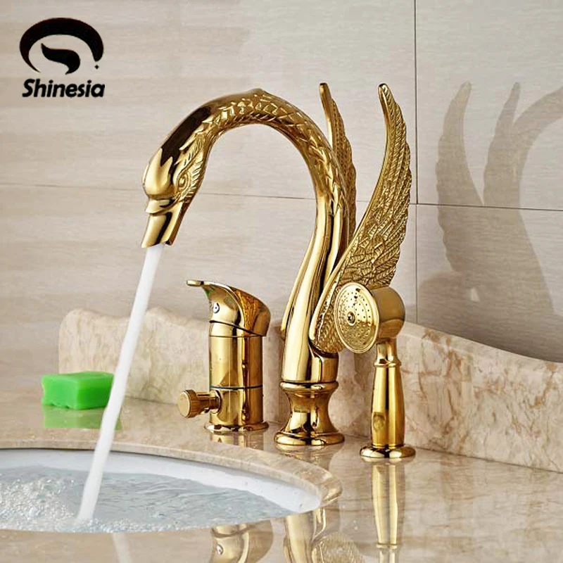 Buy Luxury Golden Brass Bathroom Swan Faucet Diverter