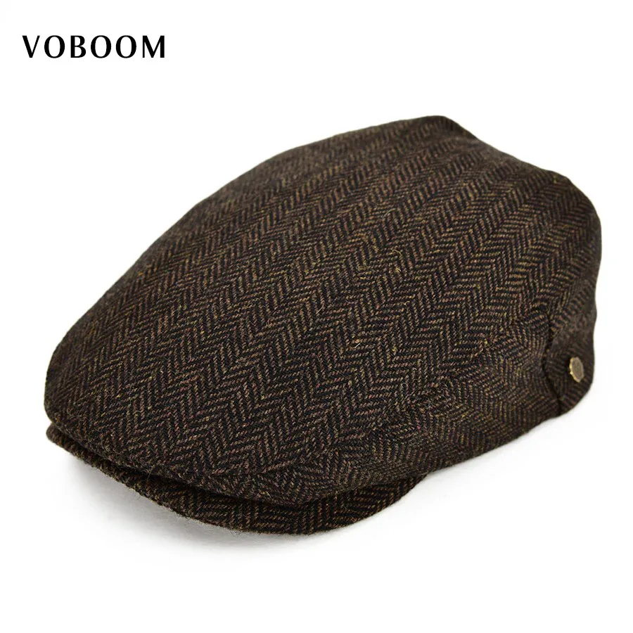 VOBOOM Wool Tweed Herringbone Flat Cap Coffee Brown Black Summer Boina