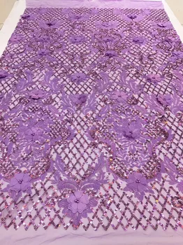 

gorgeous sequins embroidered French net lace lilac purple African tulle lace fabric with 3D flowers and beads for dress ZL037
