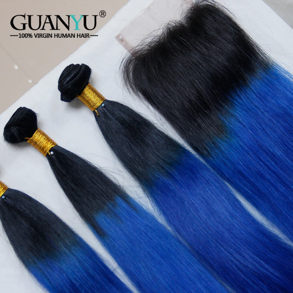 Guanyuhair 3Pcs Ombre 1B/Blue Hair Bundles With Closure 4x4 #Dark Roots Brazilian Remy Straight Human Hair Weave Guanyuhair 3Pcs Ombre 1B/Blue Hair Bundles With Closure 4x4 #Dark Roots Brazilian Remy Straight Human Hair Weave