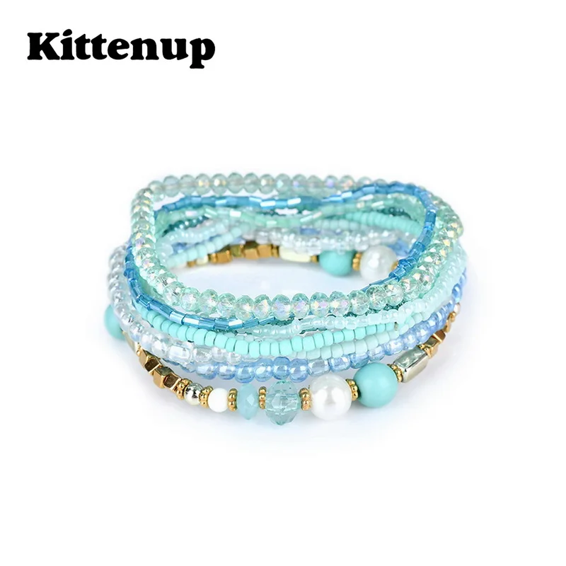 Kittenup 4 Color Bohemian Crystal Colorful Stretch Bead Multilayer Bracelets for Women Fashion Boho Jewelry | Украшения и