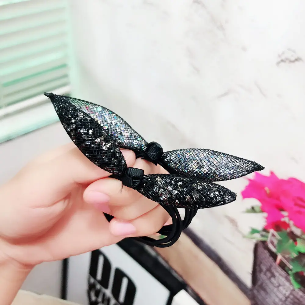 Fashion Simple Cute Elastic Hair Bands Rhinestone Colorful Rabbit Ear Hair Ring Rubber Head Rope Headwear Headdress Accessories