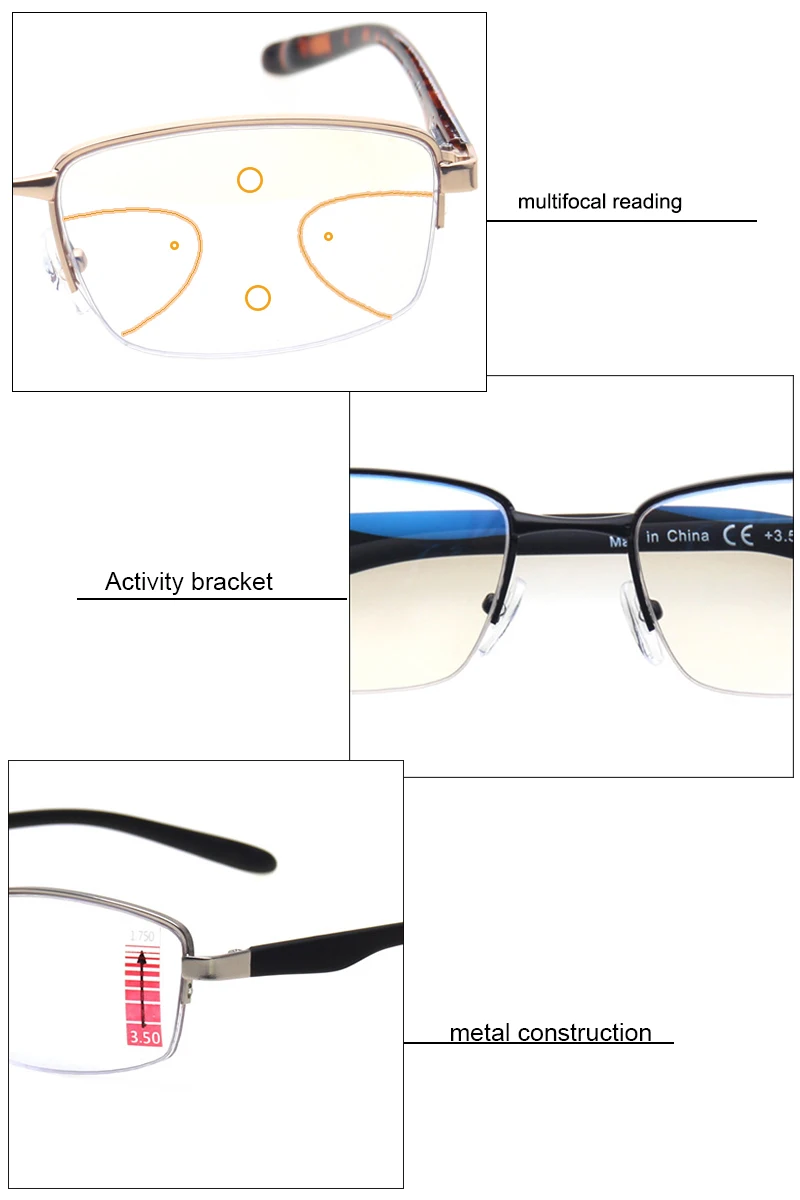 Прогрессивные многофокальные очки для чтения для мужчин и женщин удобные металлические половинные рамки диоптрий 1,0 1,5 2,0 2,5 3,0 3,5