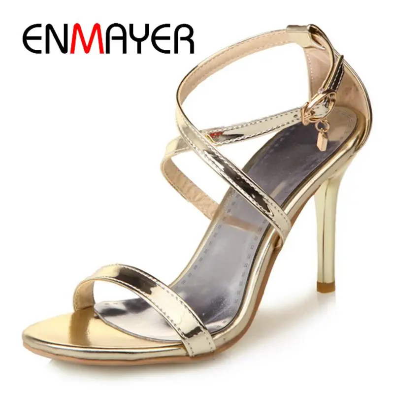 

ENMAYER New Fashion Women Super High Sandals Patent Leather Basic Party Buckle Strap Women Shoes Big Size 34-45 LY1335