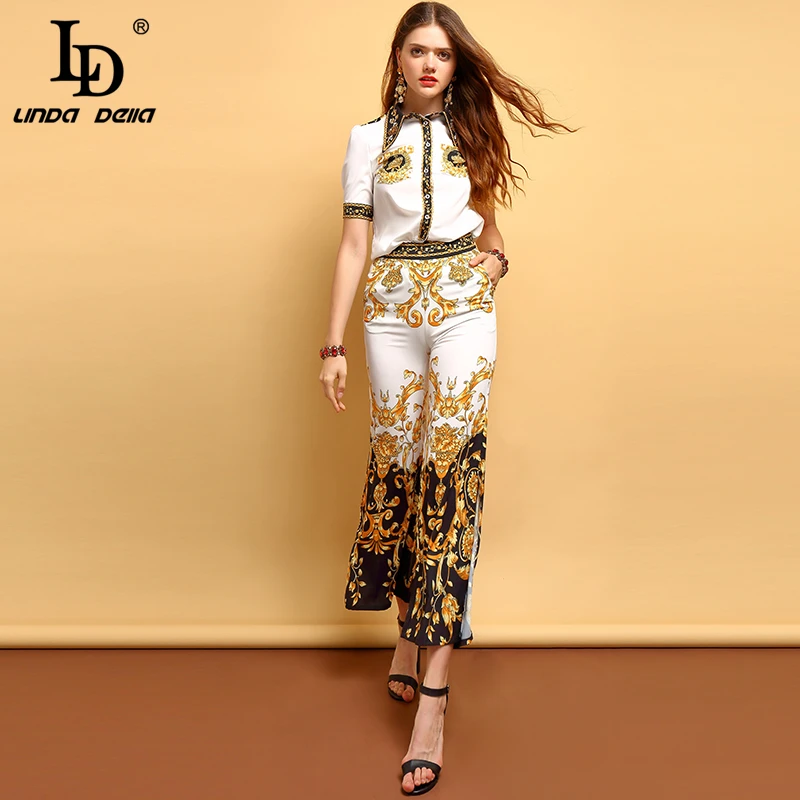 LD LINDA делла модные летние винтажные костюмы женские с коротким рукавом Бисероплетение рубашка и элегантный цветочный принт Длинные брюки комплект из 2 предметов