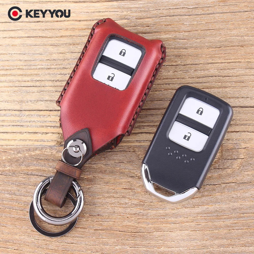 KEYYOU Genuine Leather 2 Button Remote Car Key Case For Honda HRV CRV