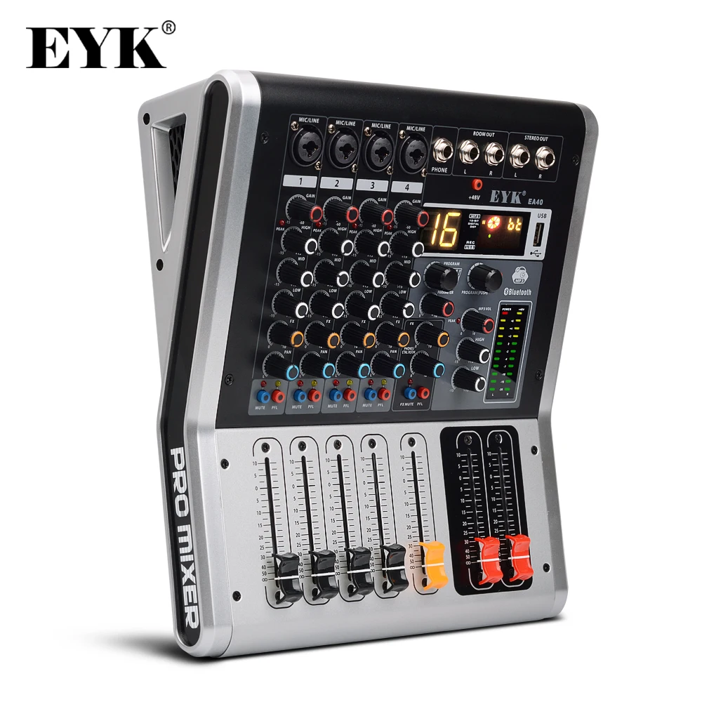 

EYK EA40 4 Channels Mixing Console with Mute and PFL Switch Bluetooth Record 3BAND 16 DSP effect USB Professional Audio Mixer