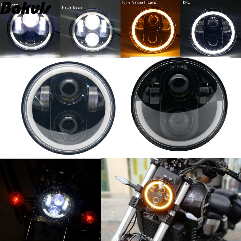 

2PC 5.75 5-3/4inch Black LED Motorcycle Headlight Amber Halo for Indian Scout Sportster Wide Glide XL1200 XG750 883 48 Night Rod
