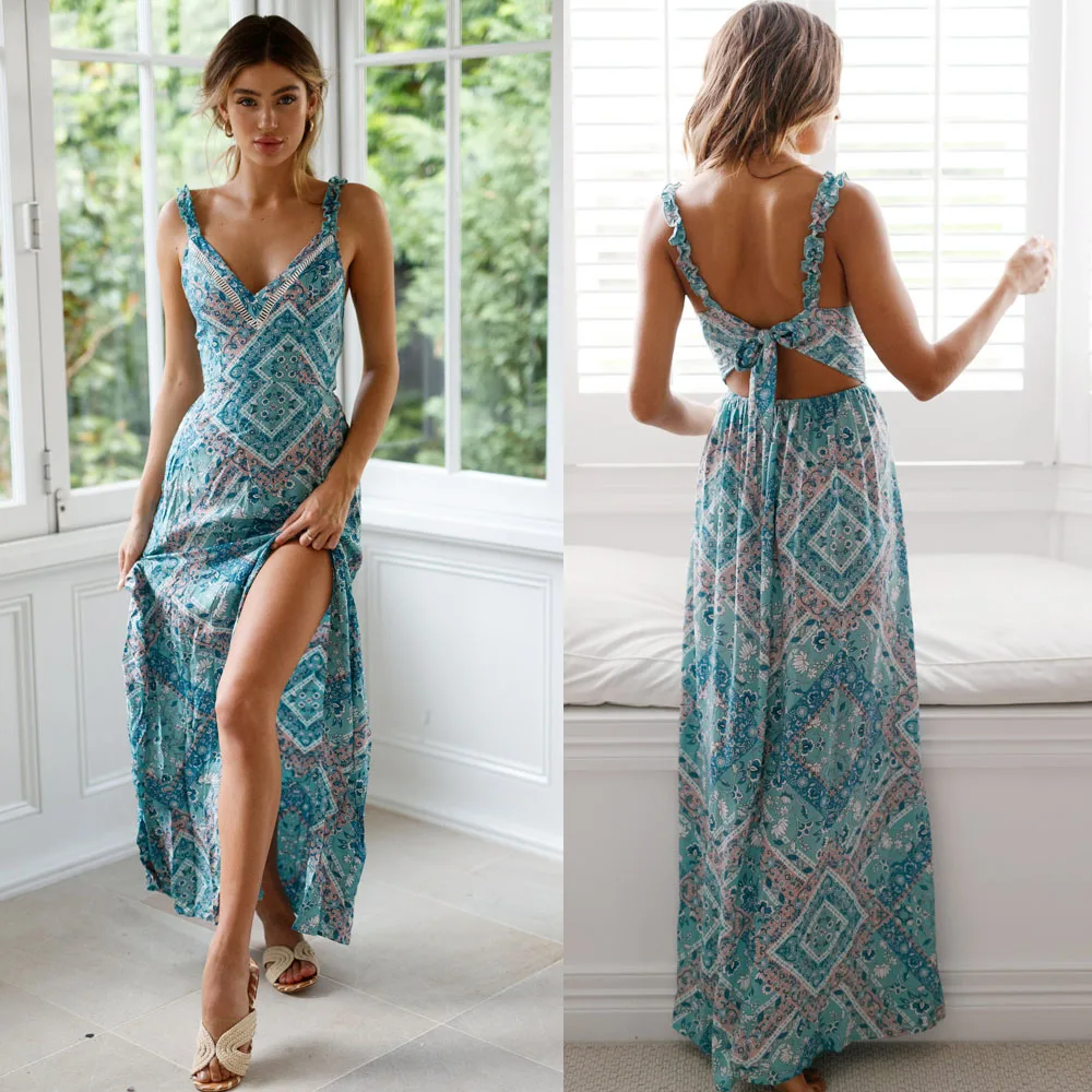 

2019 Sexy Chiffon V Neck Sleeveless Spaghetti Straps Women Dress Print Floral Bow-Knot Vestidos Summer Beach Split Maxi Dress