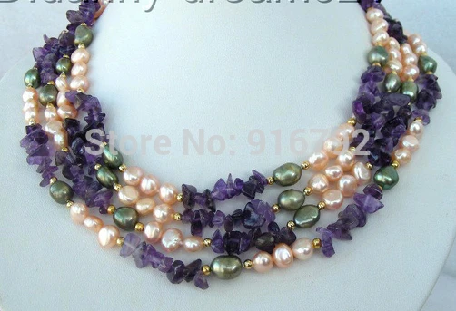 

(B0324) stunning 76" pink green freshwater pearls &amethyst NECKLACE