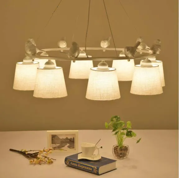  Birds LED Chandelier with Linen Lampshades E27 Cloth Chandeliers For Living Room Romantic Kitchen L - 32980856553