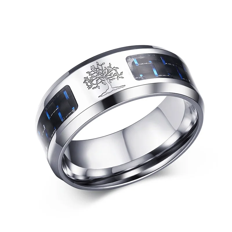 

Fashion Ring Men Tree of Life Mens Ring with Blue Carbon Fiber 8MM Wide Stainless Steel Anel Masculino Jewelry Accessories