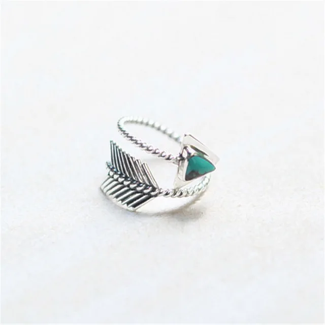 New Silver Color Bow Arrow Adjustable Opening Ring With Green Stone