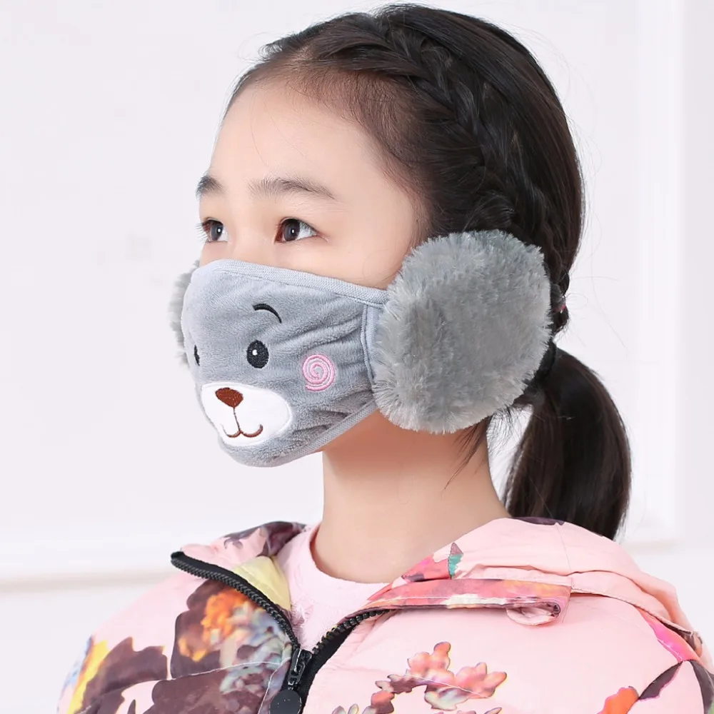Winter Plush Mouth-Masks For Children Earloop Face-Mouth Mask Warm And Dustproof Gray Cartoon Bear Pattern (8)