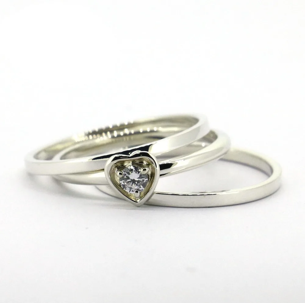 

Wellmade 3pcs/set Solid Sterling Silver&CZ Heart Stacking Rings