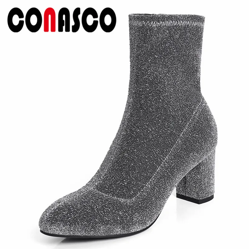 

CONASCO New Women Ankle Boots High Heels Round Toe Glitters Party Wedding Shoes Woman Ladies Autumn Socks Boots Club Pumps