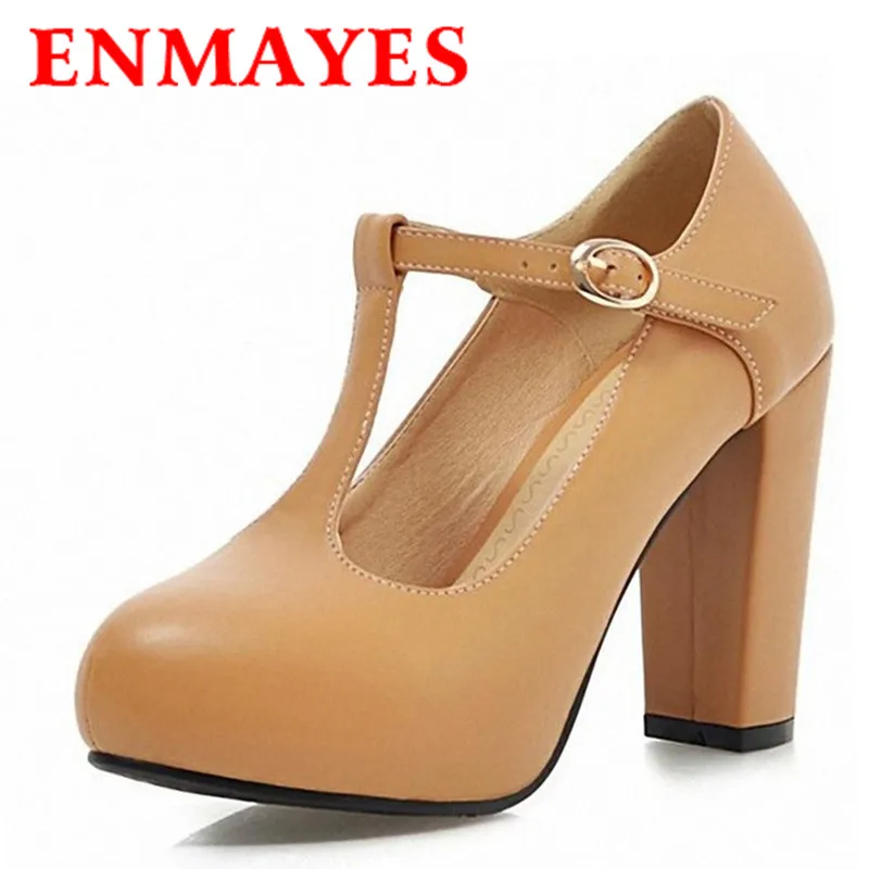 

ENMAYES  Fashion T-Strap Closed Toe Women's Pumps Thick High Heels Shoes Pumps Buckle Solid Date Party Summer Platform Pumps