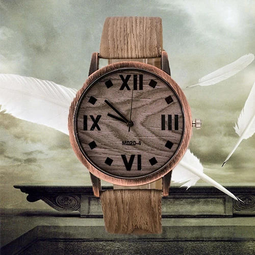 Classic Wood Pattern Roman Number Faux Leather Band Casual Quartz Wrist Watch 2