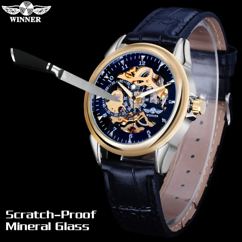 Pulseira de Couro do Plutônio Winner Feminino Moda Militar Mão Vento Esqueleto Mecânico Relógios Masculino Mostrador Preto Ouro Volta Capa Vidro Men