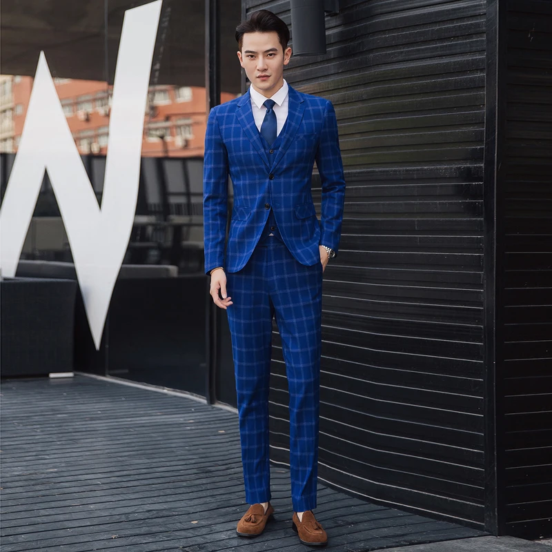 MarKyi 2018 New Men's Fashion Boutique Plaid Wedding Dress Suit Three-piece Male Formal Business Casual Suits