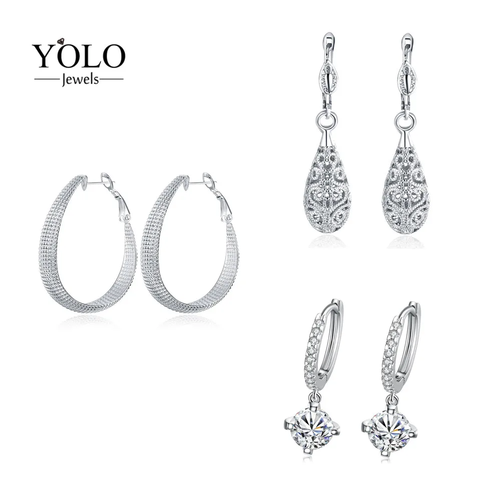 

2019 Sliver Color High Polished Hoop Earrings Paved with AAA Austrian Cubic Zirconia Wedding Party Jewelry for Sensitive ears