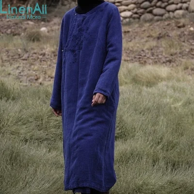Cheap Linen clothing women's linen and cotton blue vintage embroidery autumn and winter coat outerwear 