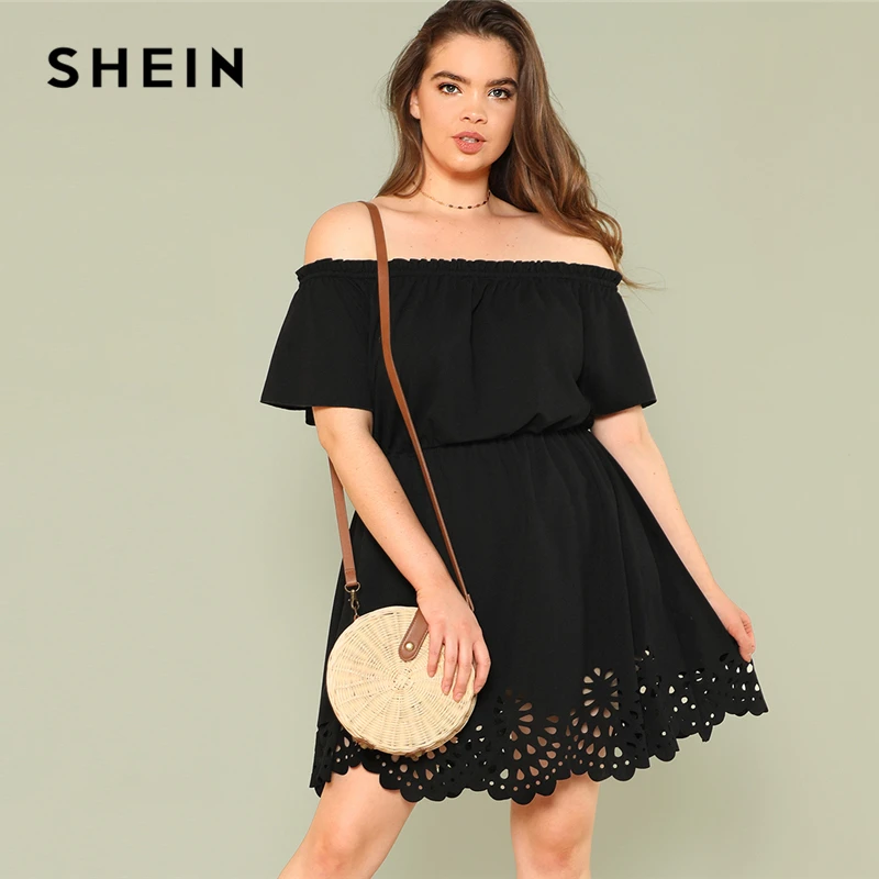 SHEIN Solid Ruffle Off the Shoulder Plus Size Scalloped Hem Elegant