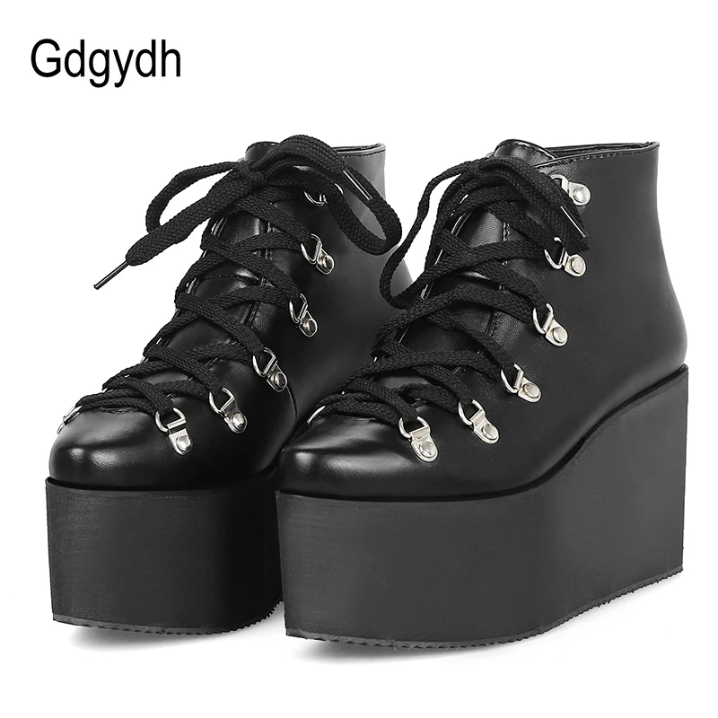 

Gdgydh Women's Gothic Shoes Pointed Toe Sexy Rivet Platform Wedges Boots Woman Lacing Punk Leather PU Ankle Boots Big Size 43