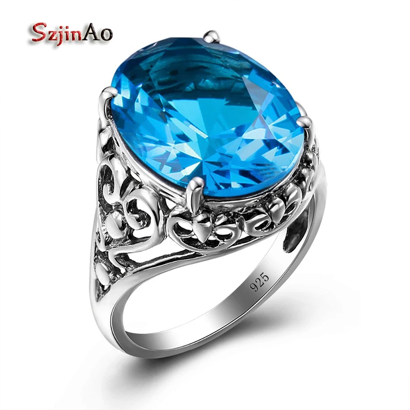 

Szjinao Cool Jewelry 100% Women's Blue Topaz Silver Vintage Big Rings Handmade Love Engraved Rings Patterns aneis