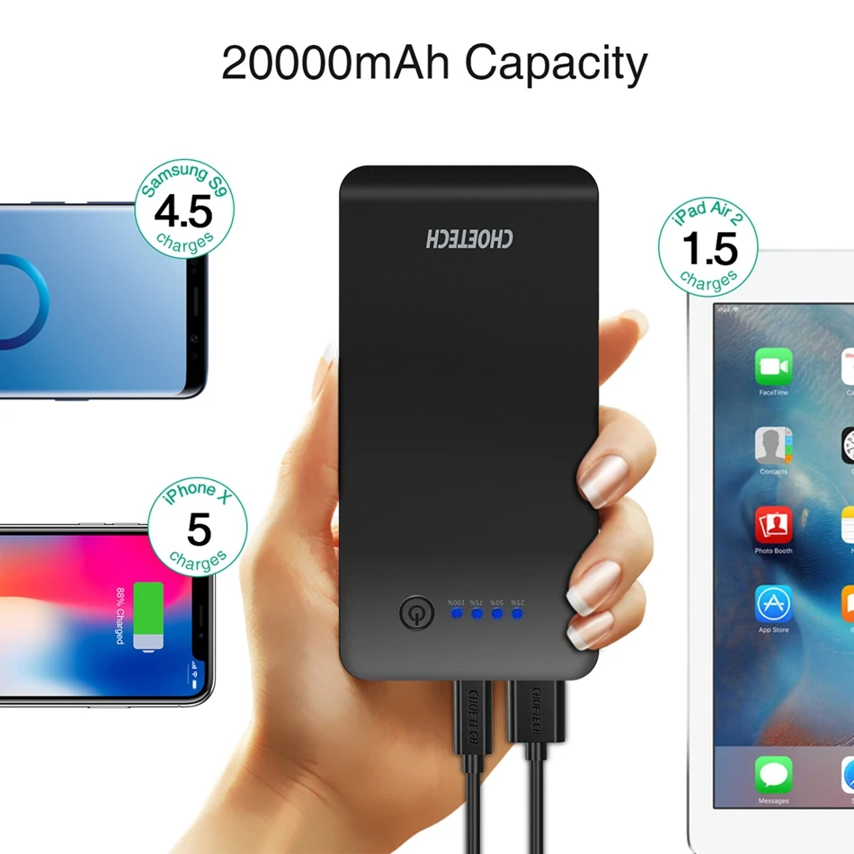 CHOETECH 20000mAh banco de energía para huawei Xiaomi QC3.0 USB 18W cargador de carga portátil para