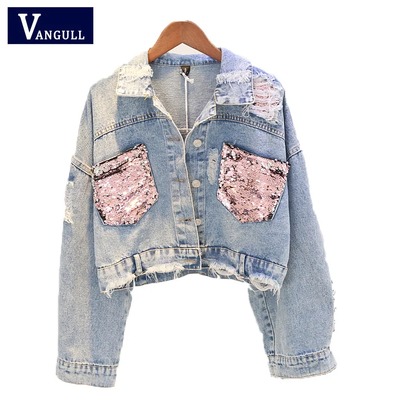 

Vangull 2019 Hole Jean Jacket Women Spring Short Sequin Denim Jacket Splice Autumn Female Bomber Jackets for Women Female Navel