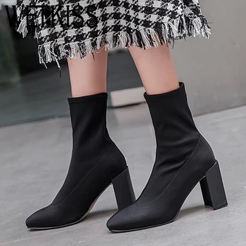 

WETKISS Lycra Stretch Women Boots Square Toe Rubber Footwear High Heesl Female Boot Party Sock Shoes Woman 2018 New Autumn