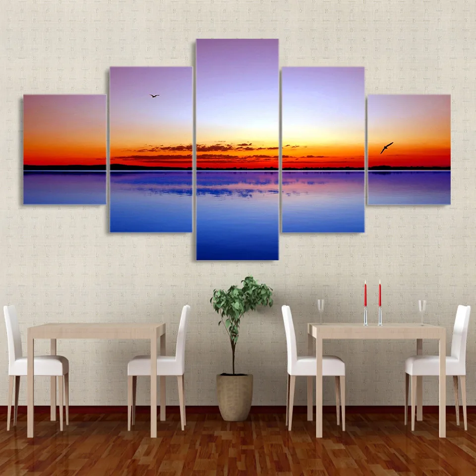 

Modern HD Printed Wall Art Pictures 5 PiecePcs Lake Rosy Sky Sunset Home Decor Frame Canvas Painting Poster For Living Room