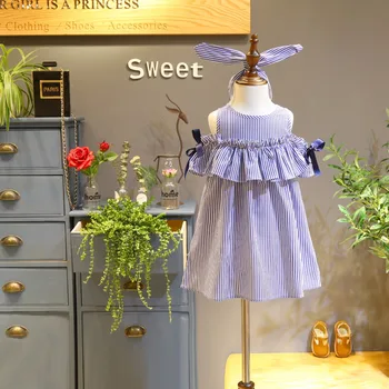 

Year 1-14 Summer Teen Girls Clothes Blue Stripe Dress for Girls Kids Ruffles Dress+Headband Children Dress New Cotton Kids Wear