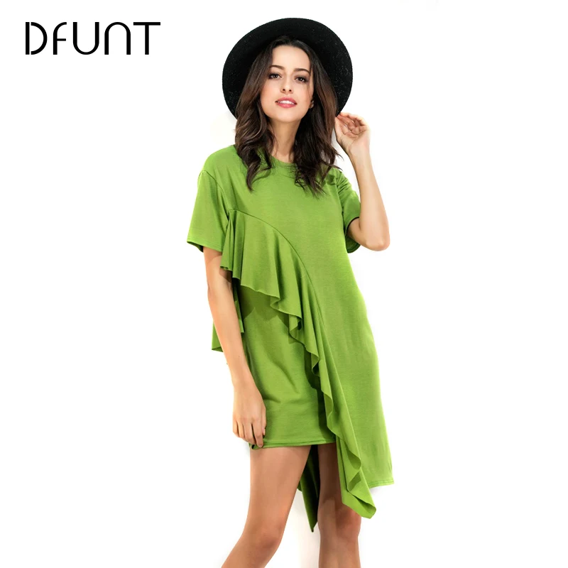 Dfunt лето о-образным вырезом solid повседневная t-shirt dress 2017 косой рябить с коротким