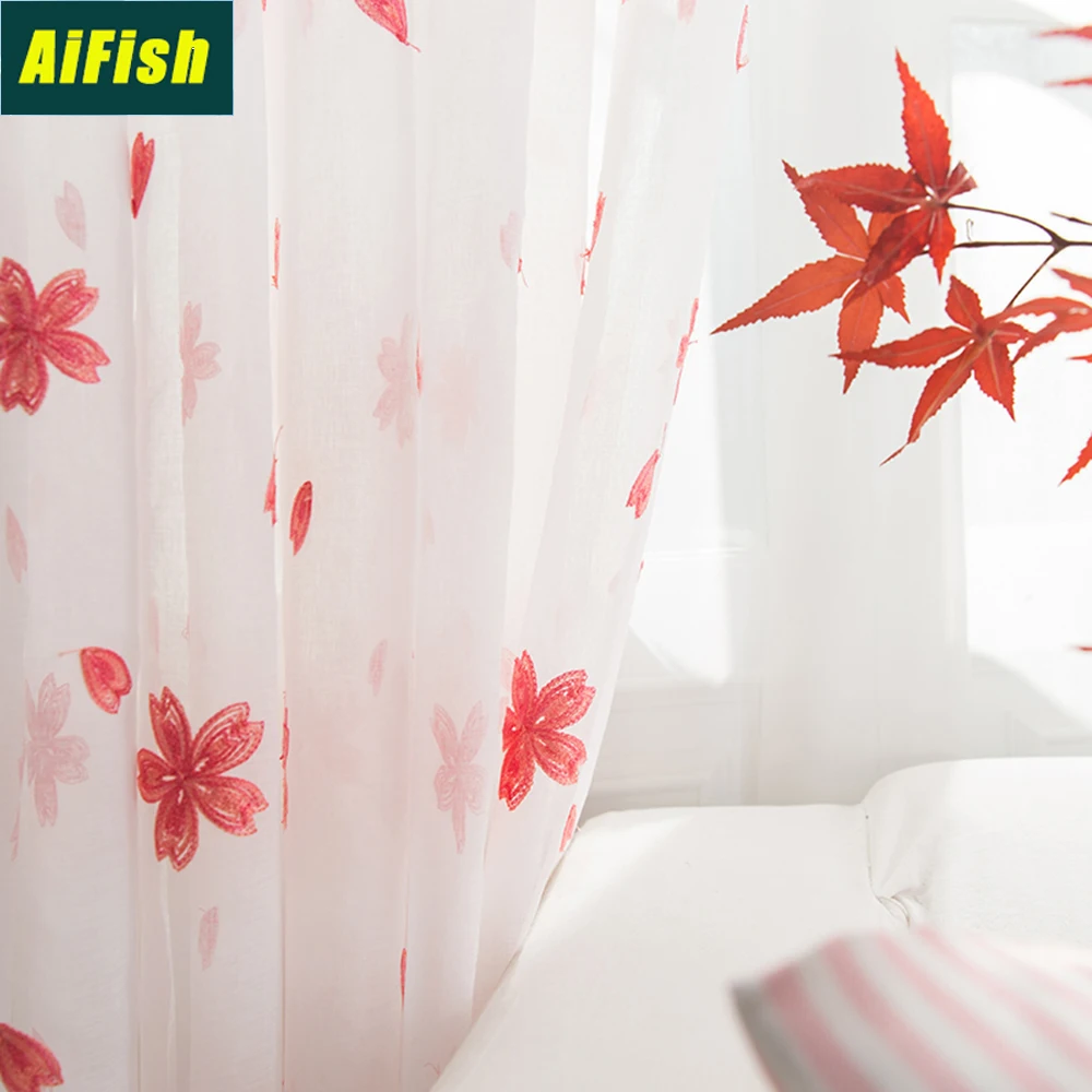 

Romantic Maple Embroidered Sheer Curtains Floral Patterned Window Tulle for Living Room Bedroom Curtain Voile for Balcony TM0323