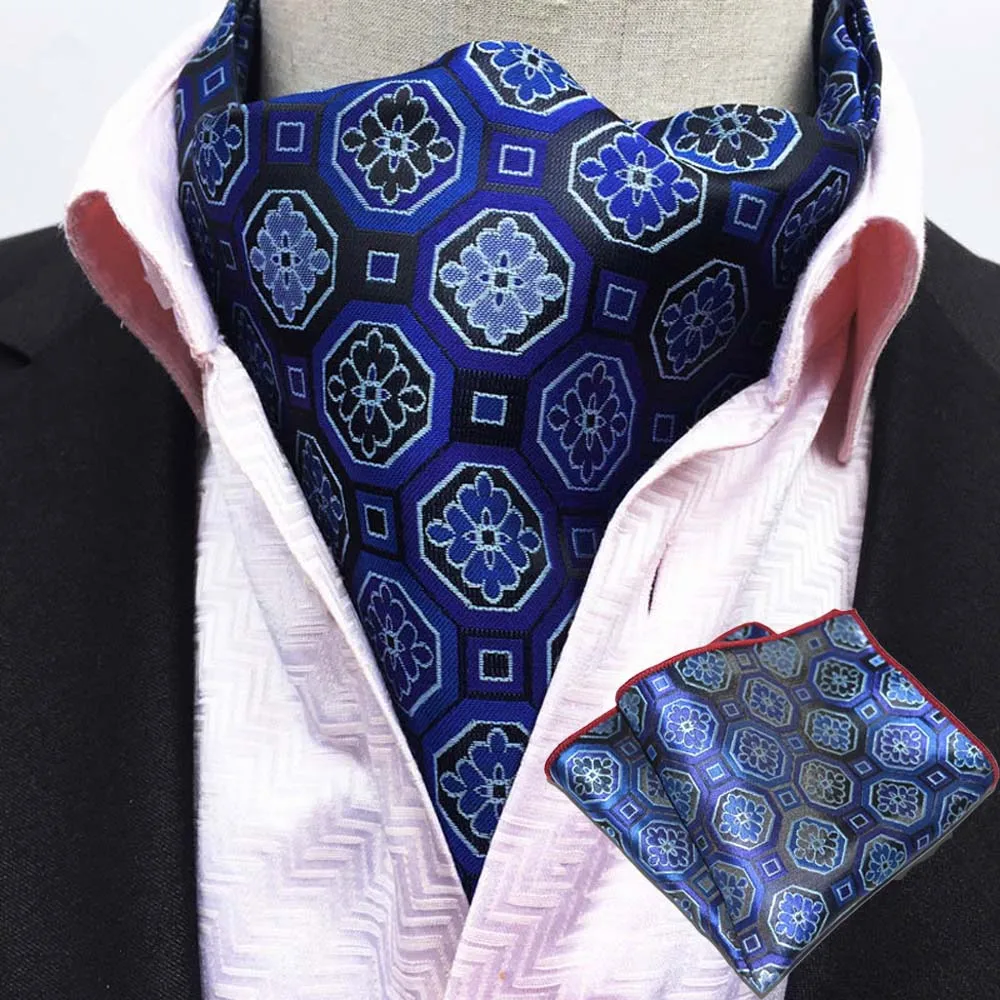  Mens Cravat Handkerchief Geometric Floral Ascot Scarves Pocket Square Set