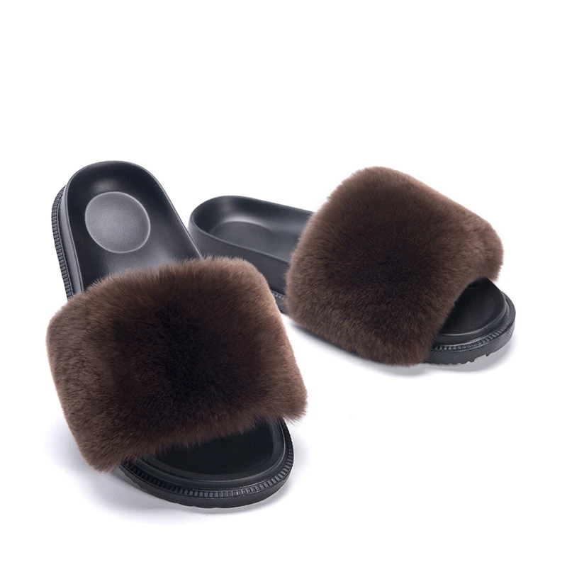 JELLYFOND Furry Slides for Women Leopard Slipper Real Rabbit Fur Slides Furry Flat Sandals Female Cute Fluffy Summer Shoes Woman