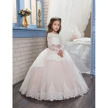 2019 Pageant Dresses for Girls Glitz Long Sleeves Lace Up Ball Gown Appliques Bow Sashes Birthday First Flower Girl Dresses romantic gorgeous little girl ball gown scoop appliqued glitz pageant 2018 flower girl dresses long for children prom party gown